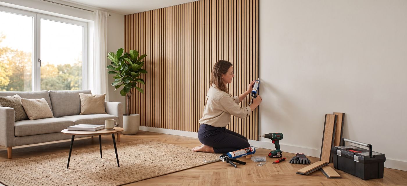 Pose d'un panneau acoustique mural en tasseaux bois chêne dans un salon Image
