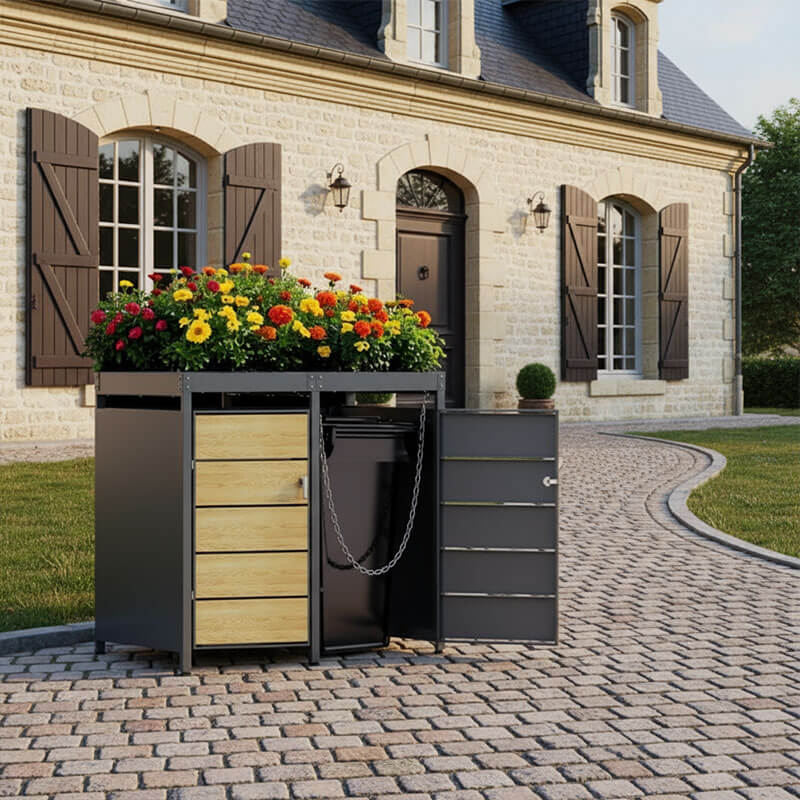 Cache poubelle bois chêne 2 bacs avec jardinière - 132 cm