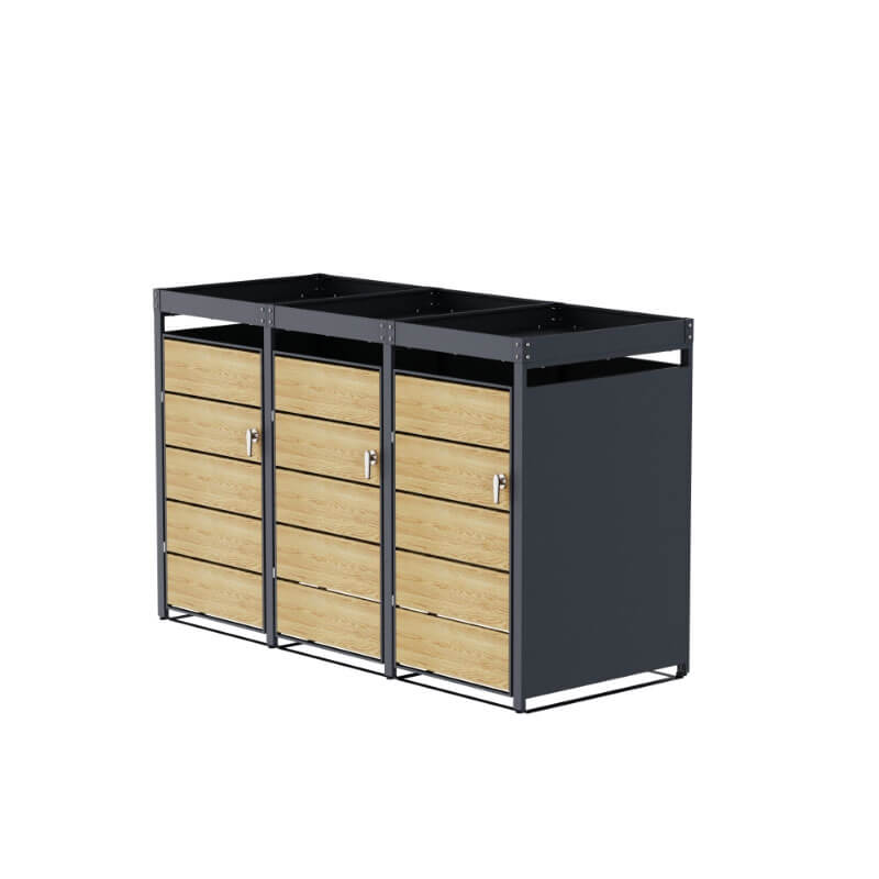 Cache poubelle bois chêne 3 bacs avec jardinière - 196 cm