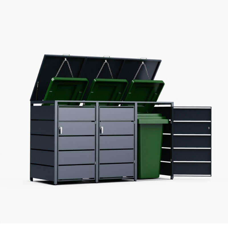 Mülltonnenbox für außen 3-fach – anthrazitfarbenes Metall – 196 cm