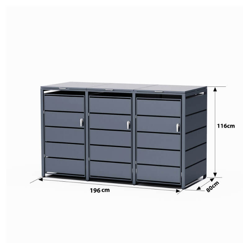 Cache poubelle extérieur 3 bacs - métal anthracite - 196 cm