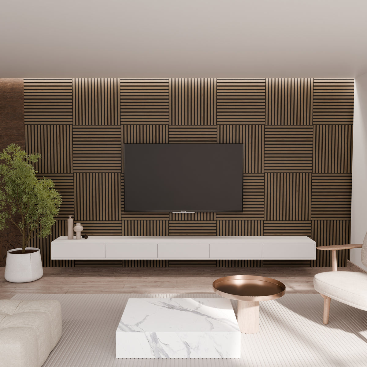 Panneau acoustique mural noyer 60 x 60 cm - dalle modulaire - lot de 4