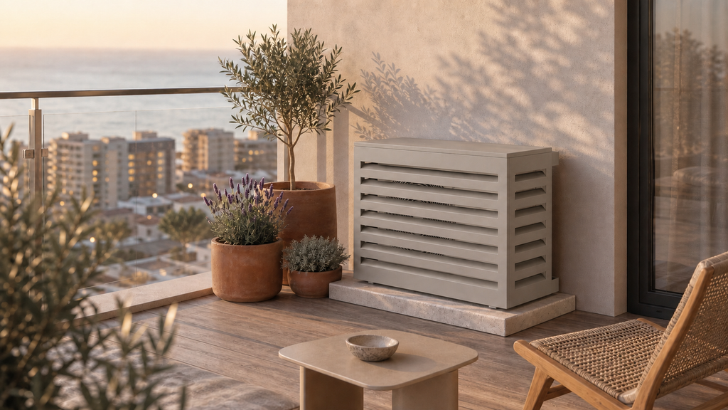 Afdekking airconditioning en warmtepomp in taupe aluminium RAL 9001