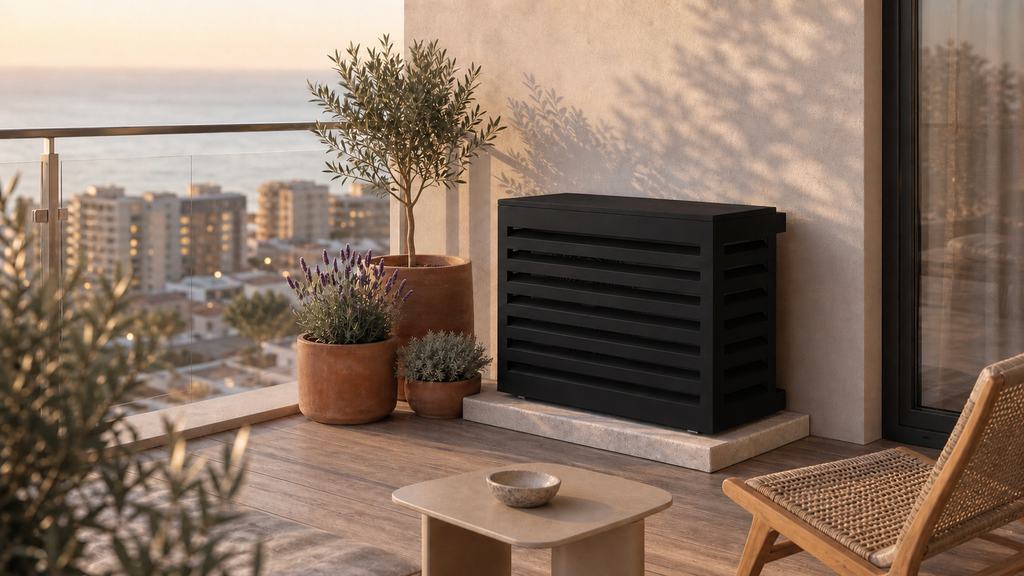 Afdekking voor airco en warmtepomp van zwart aluminium (RAL 9005)