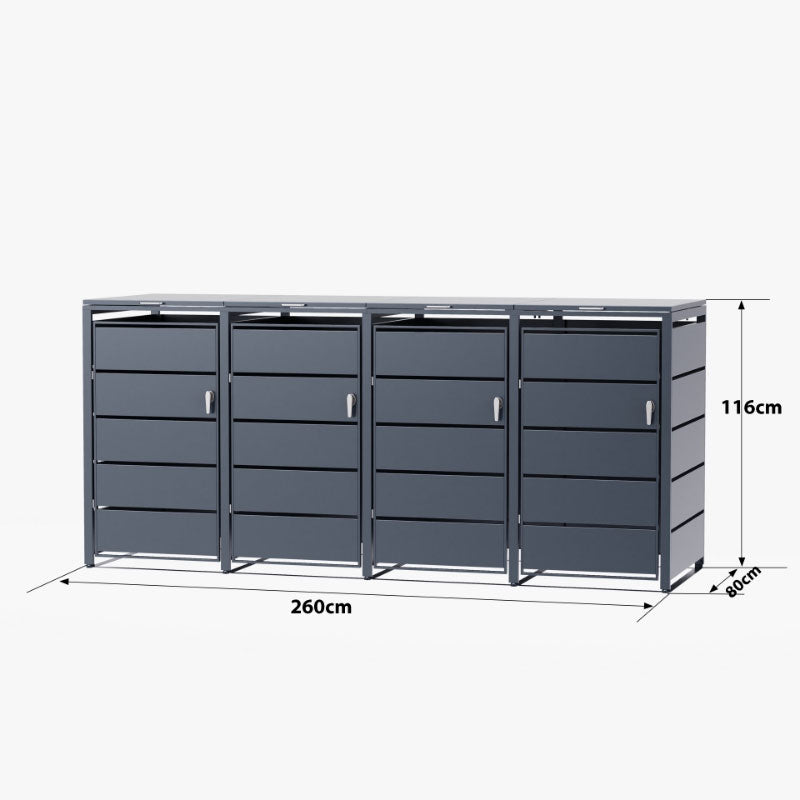 Cache poubelle extérieur 4 bacs - métal anthracite - 260 cm