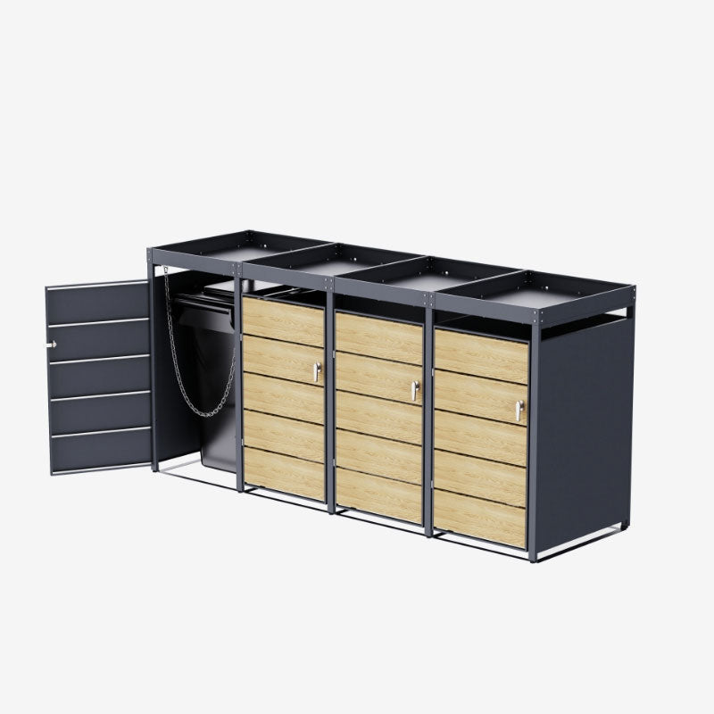Mülleimerbox Holz Eiche 4 Fächer mit Pflanzkasten - 260 cm