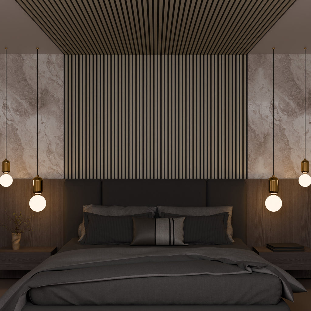 Panneau acoustique - Finition noyer - 240 x 60 cm - Feutrine noire - Épaisseur 11 mm - Lot de 4