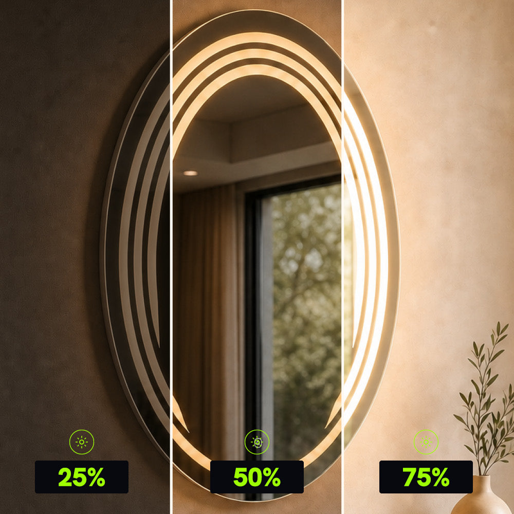 Miroir LED rond 89 cm - Vagues gravées - Cadre noir