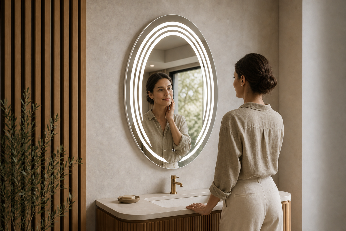 Miroir LED ovale 69x99 cm - Anneaux lumineux - Cadre noir