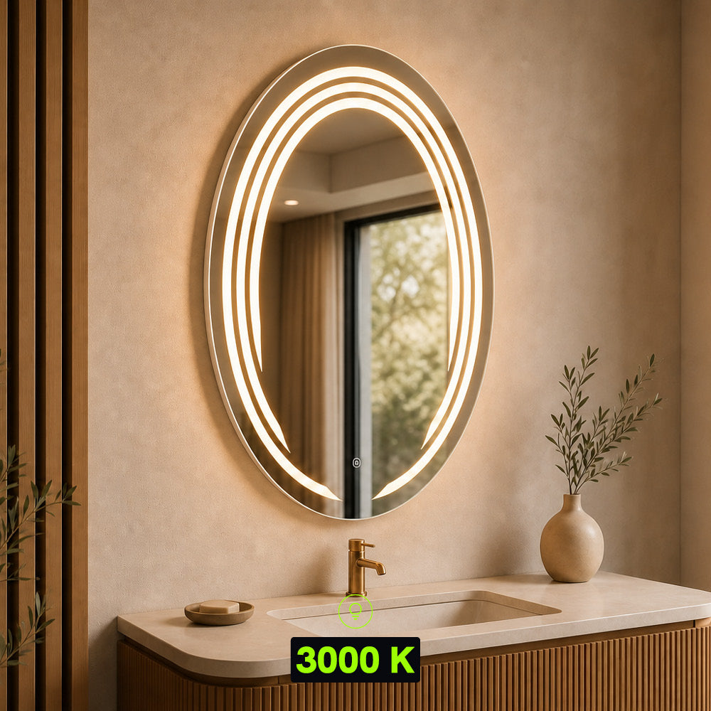 Miroir LED ovale 69x99 cm - Anneaux lumineux - Cadre noir