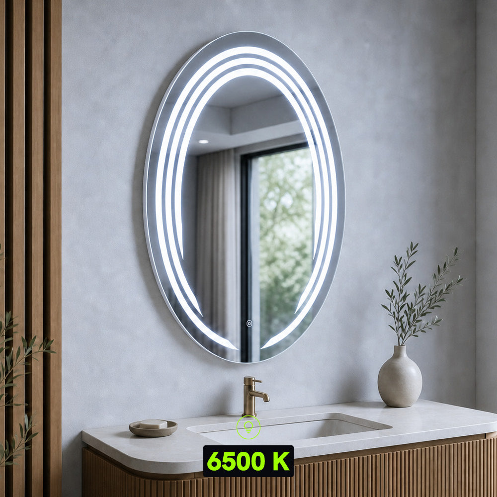 Miroir LED ovale 69x99 cm - Anneaux lumineux - Cadre noir
