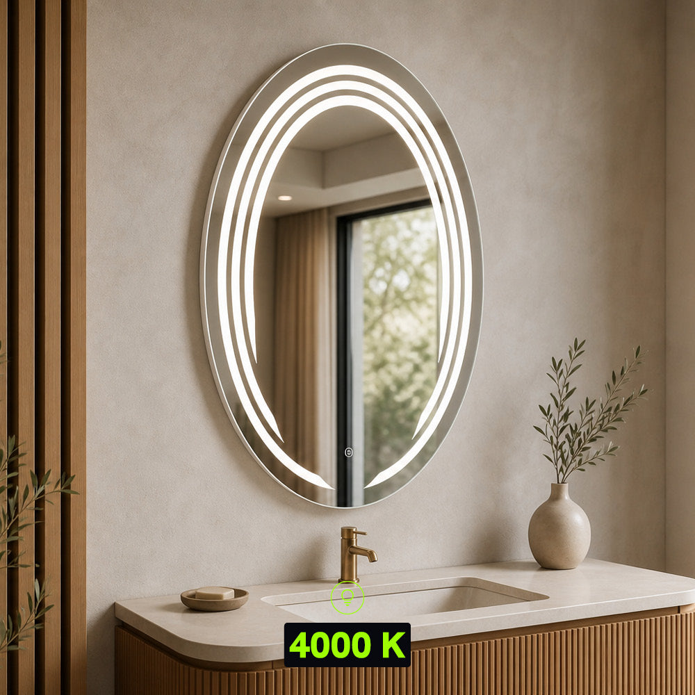 Miroir LED rond 89 cm - Vagues gravées - Cadre noir
