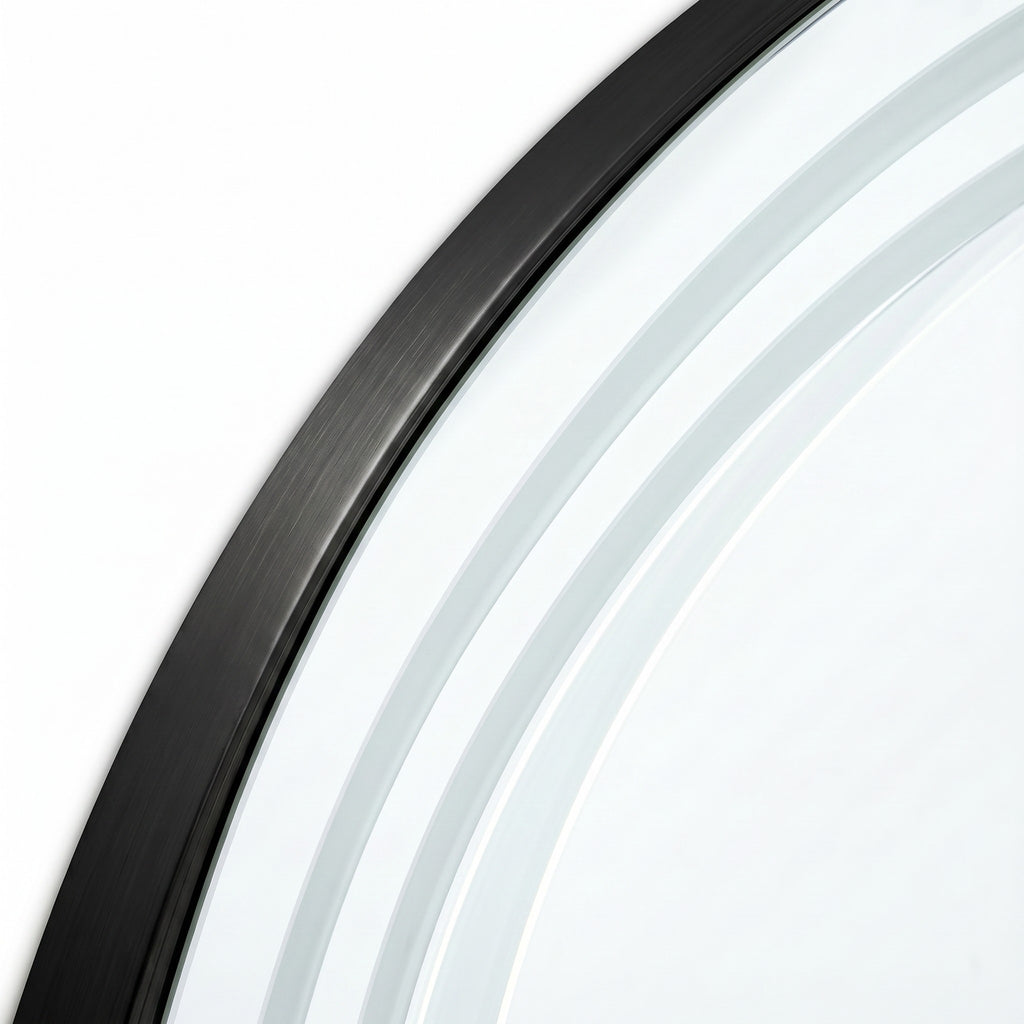 Miroir LED rond 89 cm - Vagues gravées - Cadre noir