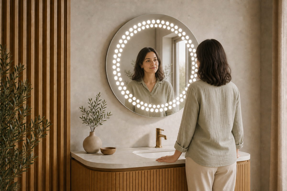 Miroir LED rond 89 cm - Points lumineux - Cadre noir mat