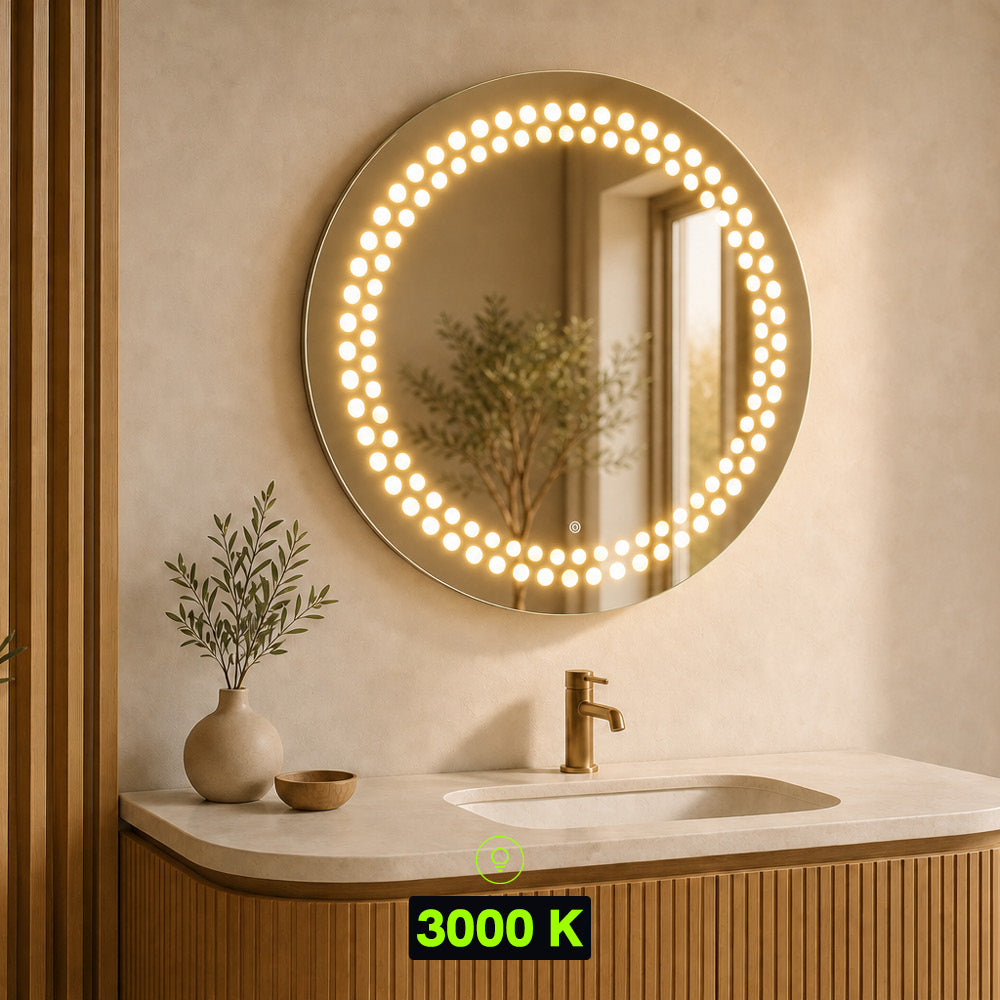 Miroir LED rond 89 cm - Points lumineux - Cadre noir mat