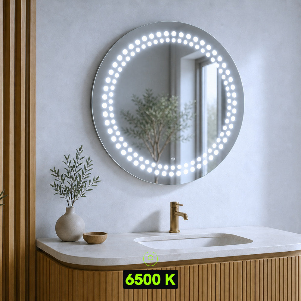 Miroir LED rond 89 cm - Points lumineux - Cadre noir mat