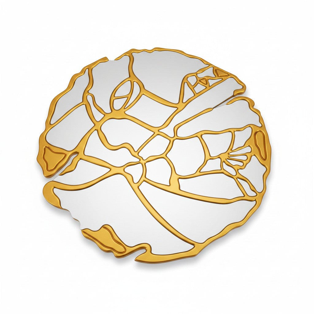 Miroir mural rond 89 cm - Bois doré - Motif floral