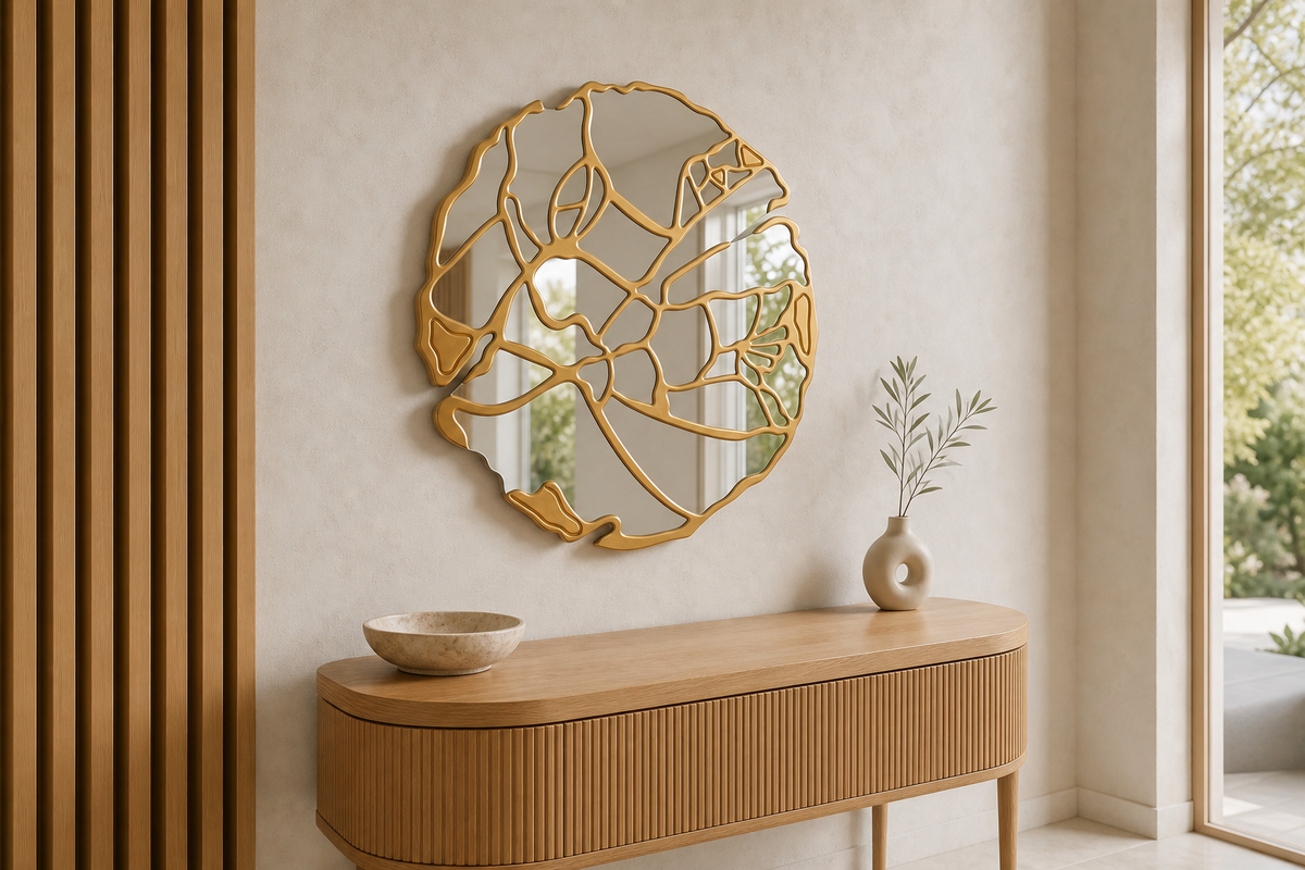 Miroir mural rond 89 cm - Bois doré - Motif floral