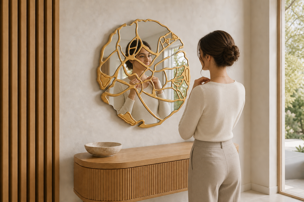 Miroir mural rond 89 cm - Bois doré - Motif floral