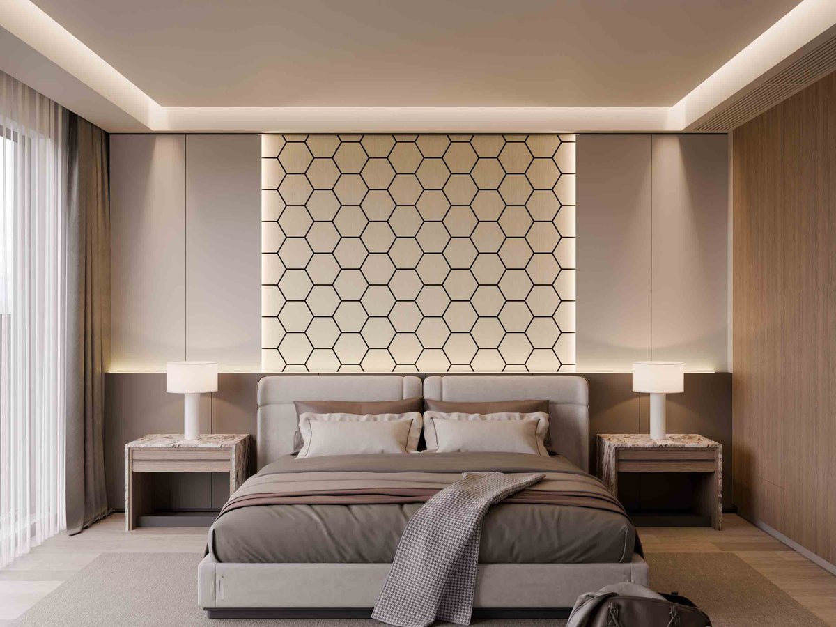 Zeshoekig akoestisch wandpaneel met gouden spiegeleffect 75,9 x 62,1 cm - 18 mm - set van 5