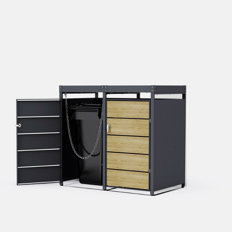 Cache Poubelle Design – Modèle 2 Compartiments | Structure Métal & Bois | Couleur Chêne | 132 x 80 x 124 cm