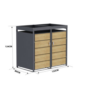 Cache Poubelle Design – Modèle 2 Compartiments | Structure Métal & Bois | Couleur Chêne | 132 x 80 x 124 cm