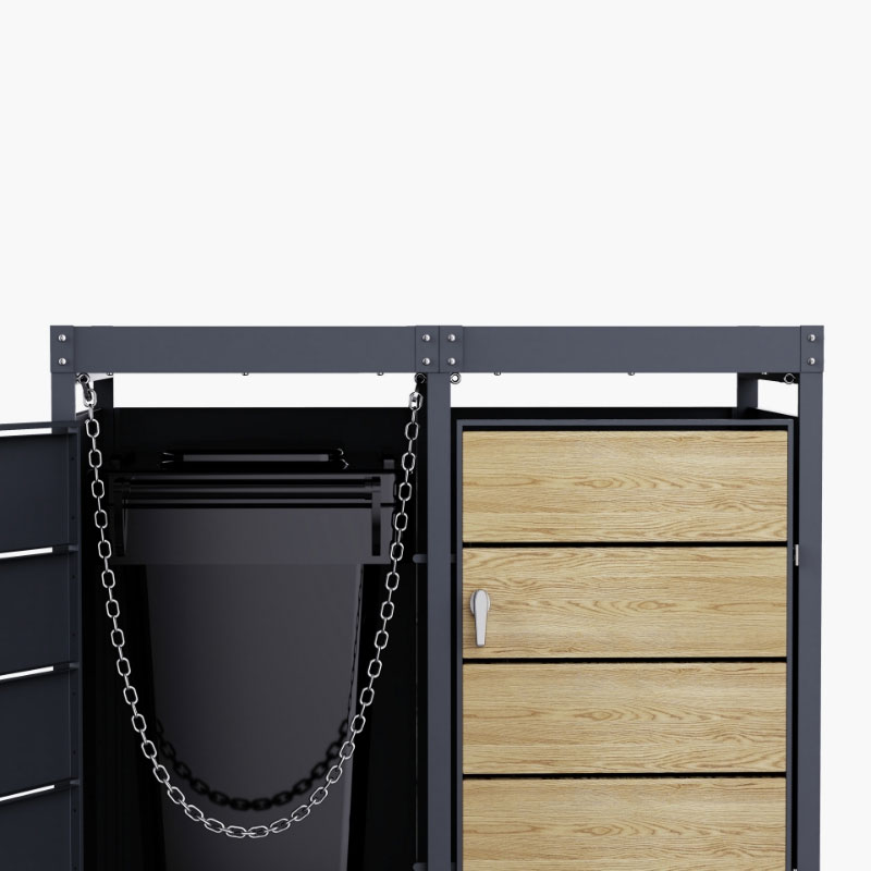 Cache Poubelle Design – Modèle 2 Compartiments | Structure Métal & Bois | Couleur Chêne | 132 x 80 x 124 cm