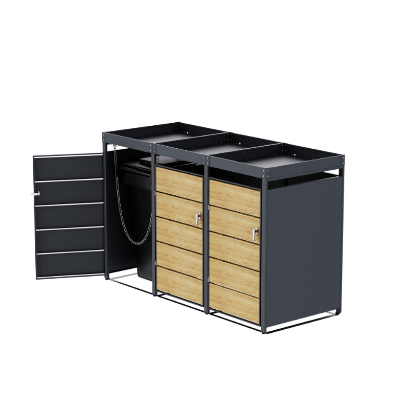 Cache Poubelle Design – Modèle 3 Compartiments | Structure Métal & Bois | Couleur Chêne | 196 x 80 x 124 cm