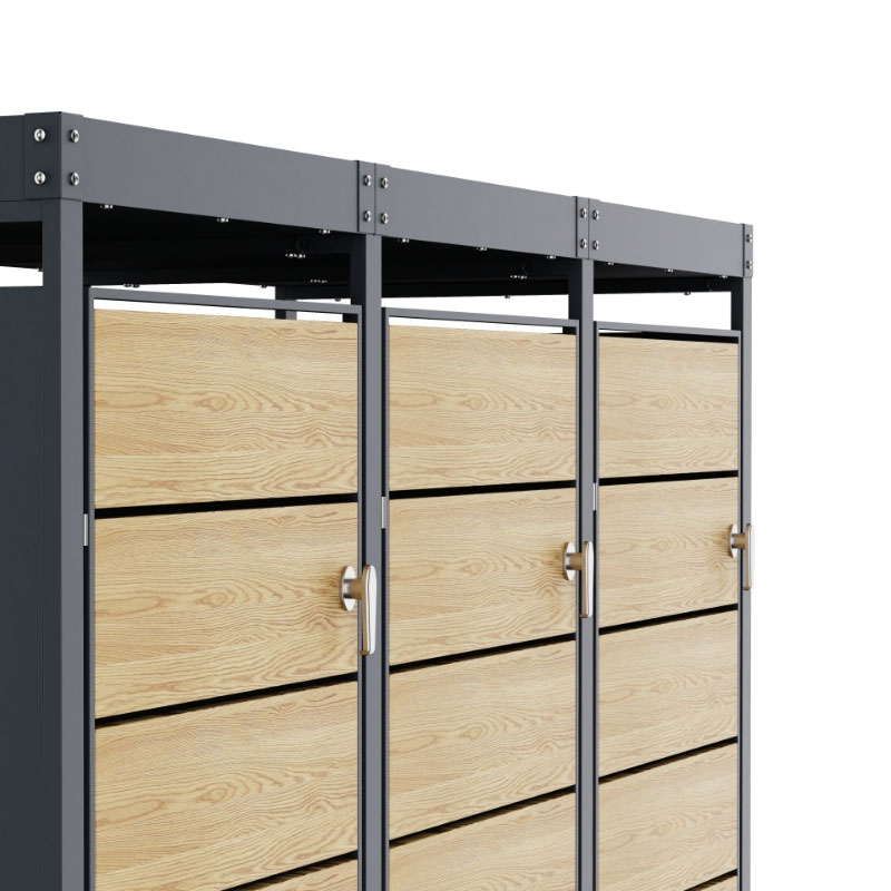 Cache Poubelle Design – Modèle 3 Compartiments | Structure Métal & Bois | Couleur Chêne | 196 x 80 x 124 cm