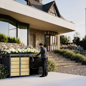 Cache Poubelle Design – Modèle 3 Compartiments | Structure Métal & Bois | Couleur Chêne | 196 x 80 x 124 cm