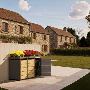 Cache Poubelle Design – Modèle 3 Compartiments | Structure Métal & Bois | Couleur Chêne | 196 x 80 x 124 cm