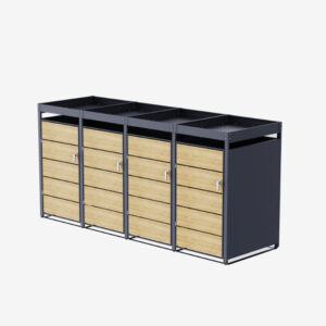 Cache Poubelle Design – Modèle 4 Compartiments | Structure Métal & Bois | Couleur Chêne | 260 x 80 x 124 cm