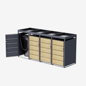 Cache Poubelle Design – Modèle 4 Compartiments | Structure Métal & Bois | Couleur Chêne | 260 x 80 x 124 cm