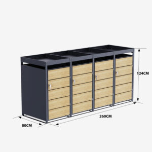 Cache Poubelle Design – Modèle 4 Compartiments | Structure Métal & Bois | Couleur Chêne | 260 x 80 x 124 cm