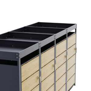 Cache Poubelle Design – Modèle 4 Compartiments | Structure Métal & Bois | Couleur Chêne | 260 x 80 x 124 cm