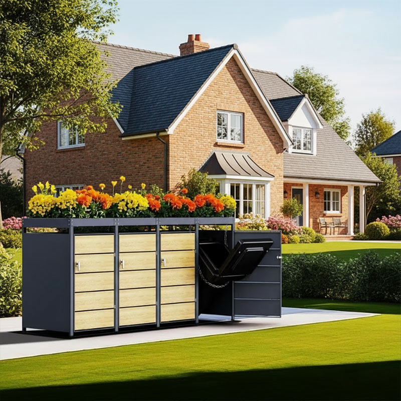 Cache Poubelle Design – Modèle 4 Compartiments | Structure Métal & Bois | Couleur Chêne | 260 x 80 x 124 cm