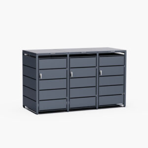 Cache Poubelle Design – Modèle 3 Compartiments | Structure Métal & Bois | Couleur Noir | 196 x 80 x 116 cm