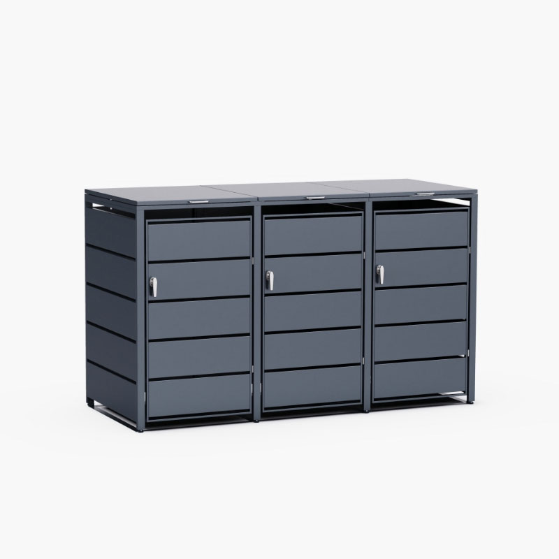 Cache Poubelle Design – Modèle 3 Compartiments | Structure Métal & Bois | Couleur Noir | 196 x 80 x 116 cm