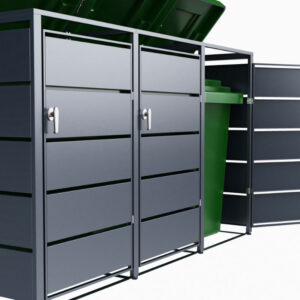 Cache Poubelle Design – Modèle 3 Compartiments | Structure Métal & Bois | Couleur Noir | 196 x 80 x 116 cm