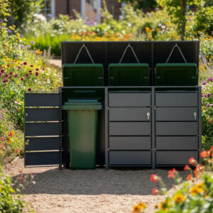 Cache Poubelle Design – Modèle 3 Compartiments | Structure Métal & Bois | Couleur Noir | 196 x 80 x 116 cm