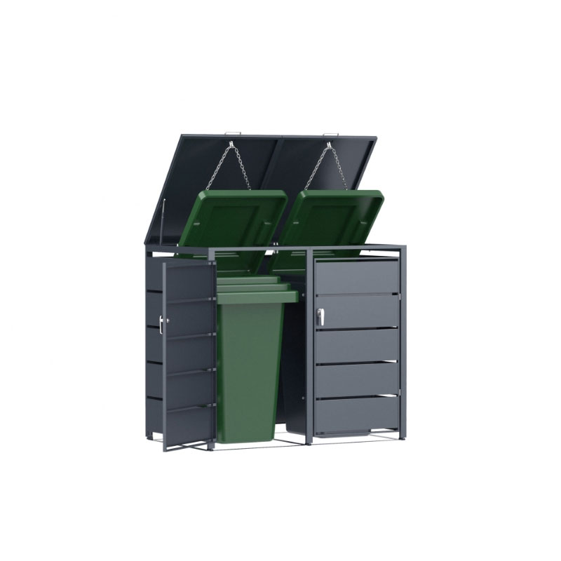 Cache Poubelle Design – Modèle 2 Compartiments | Structure Métal & Bois | Couleur Noir | 132 x 80 x 116 cm