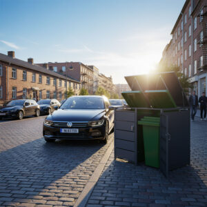 Cache Poubelle Design – Modèle 2 Compartiments | Structure Métal & Bois | Couleur Noir | 132 x 80 x 116 cm