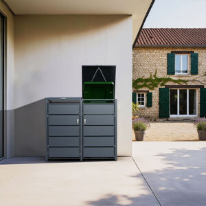 Cache Poubelle Design – Modèle 2 Compartiments | Structure Métal & Bois | Couleur Noir | 132 x 80 x 116 cm