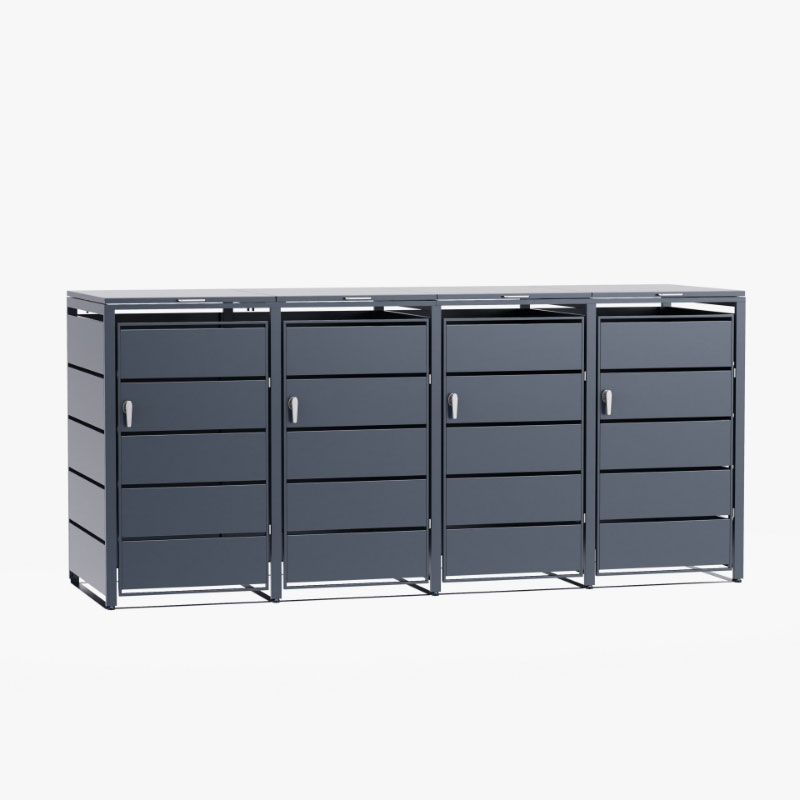 Cache Poubelle Design – Modèle 4 Compartiments | Structure Métal & Bois | Couleur Noir | 260 x 80 x 116 cm