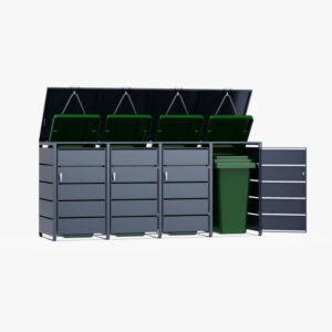 Cache Poubelle Design – Modèle 4 Compartiments | Structure Métal & Bois | Couleur Noir | 260 x 80 x 116 cm