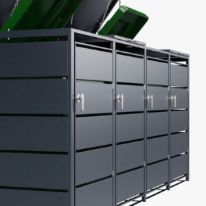 Cache Poubelle Design – Modèle 4 Compartiments | Structure Métal & Bois | Couleur Noir | 260 x 80 x 116 cm