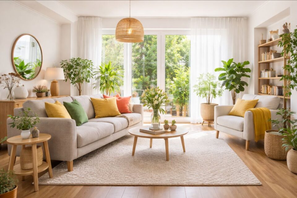 Salon lumineux et moderne baigné de lumière naturelle, avec grandes fenêtres, couleurs claires, plantes vertes et mobilier épuré.