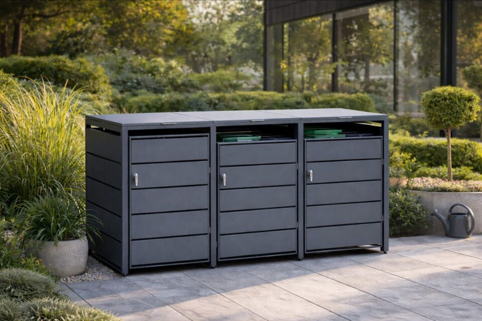 Cache-poubelles design en métal gris intégré discrètement dans un jardin moderne