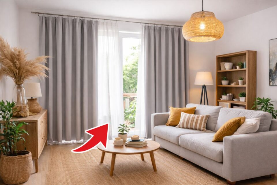 Salon moderne avec des rideaux trop courts signalés par une flèche, une erreur déco fréquente qui dévalorise l’ensemble.