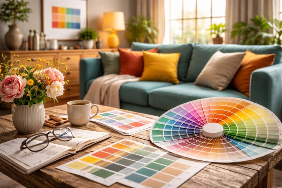 Roue chromatique et nuanciers de couleurs posés sur une table dans un salon décoré avec harmonie